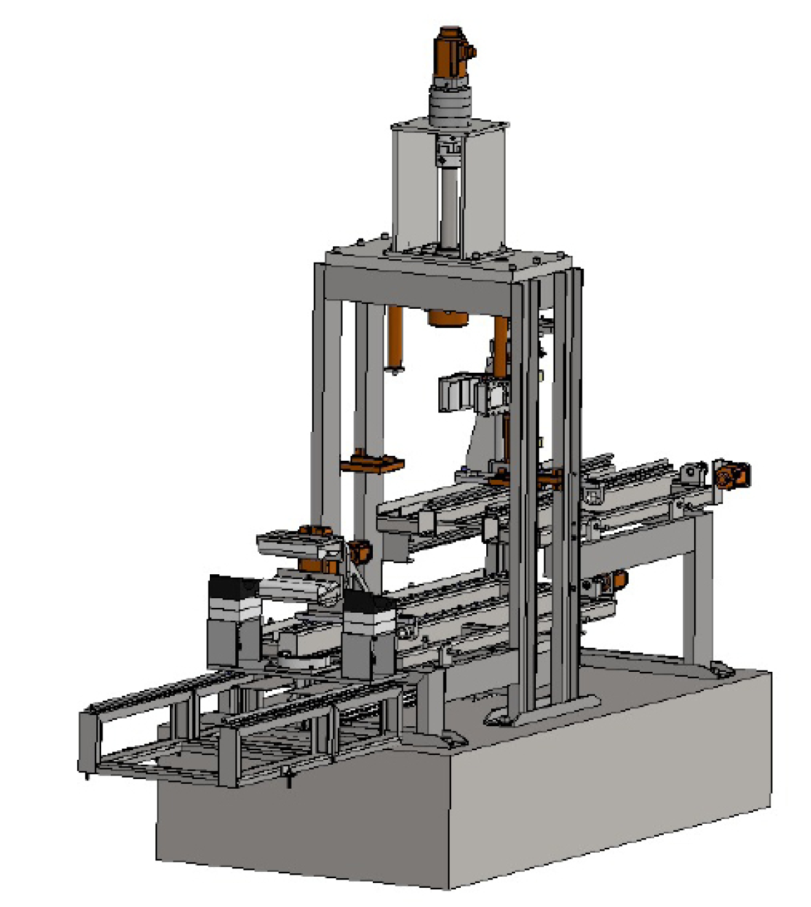 Máquina industrial com múltiplas correias transportadoras e mecanismo de prensagem. Construção em tons de cinza e metal.