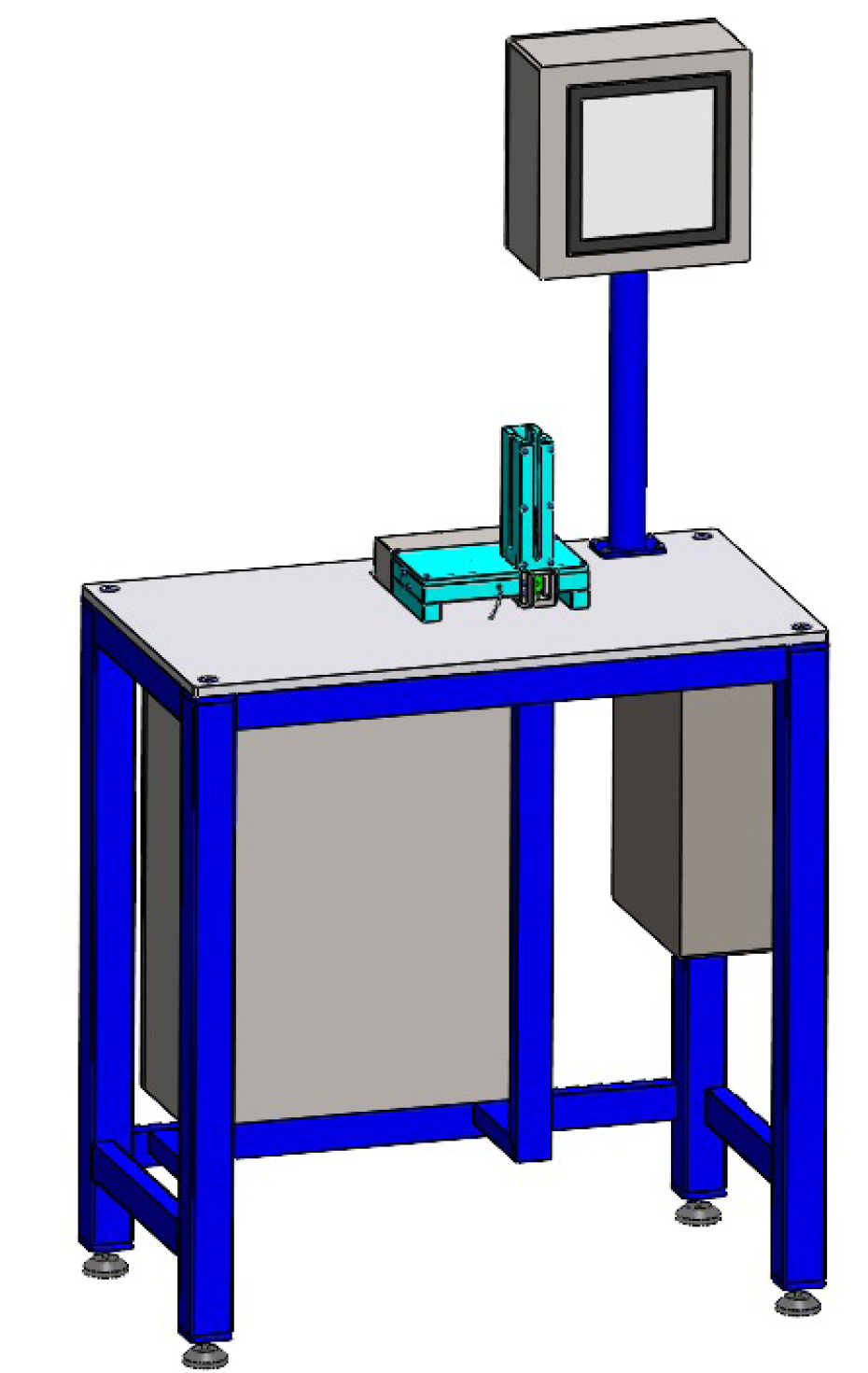 Estação de trabalho azul e cinza com tela sensível ao toque integrada e componente de montagem automatizada.
