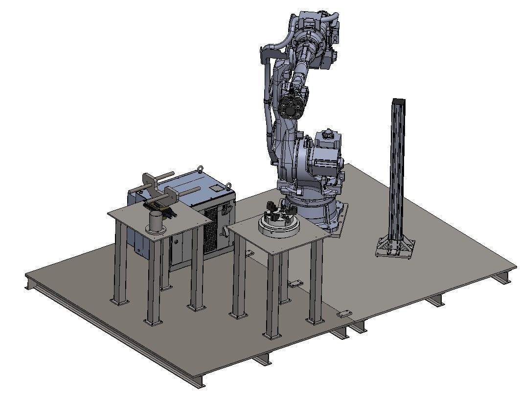 Estação de montagem com braço robótico, composta por um robô, mesas e equipamentos sobre uma plataforma.