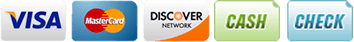 Logos for Visa, MasterCard, Discover, cash, and check payment methods.