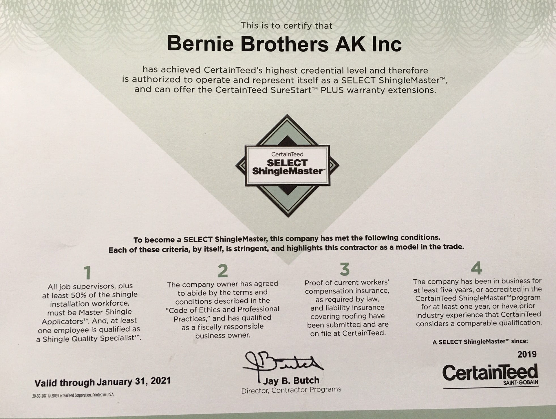 A CertainTeed Select ShingleMaster certificate awarded to Bernie Brothers AK Inc., valid through January 31, 2025.