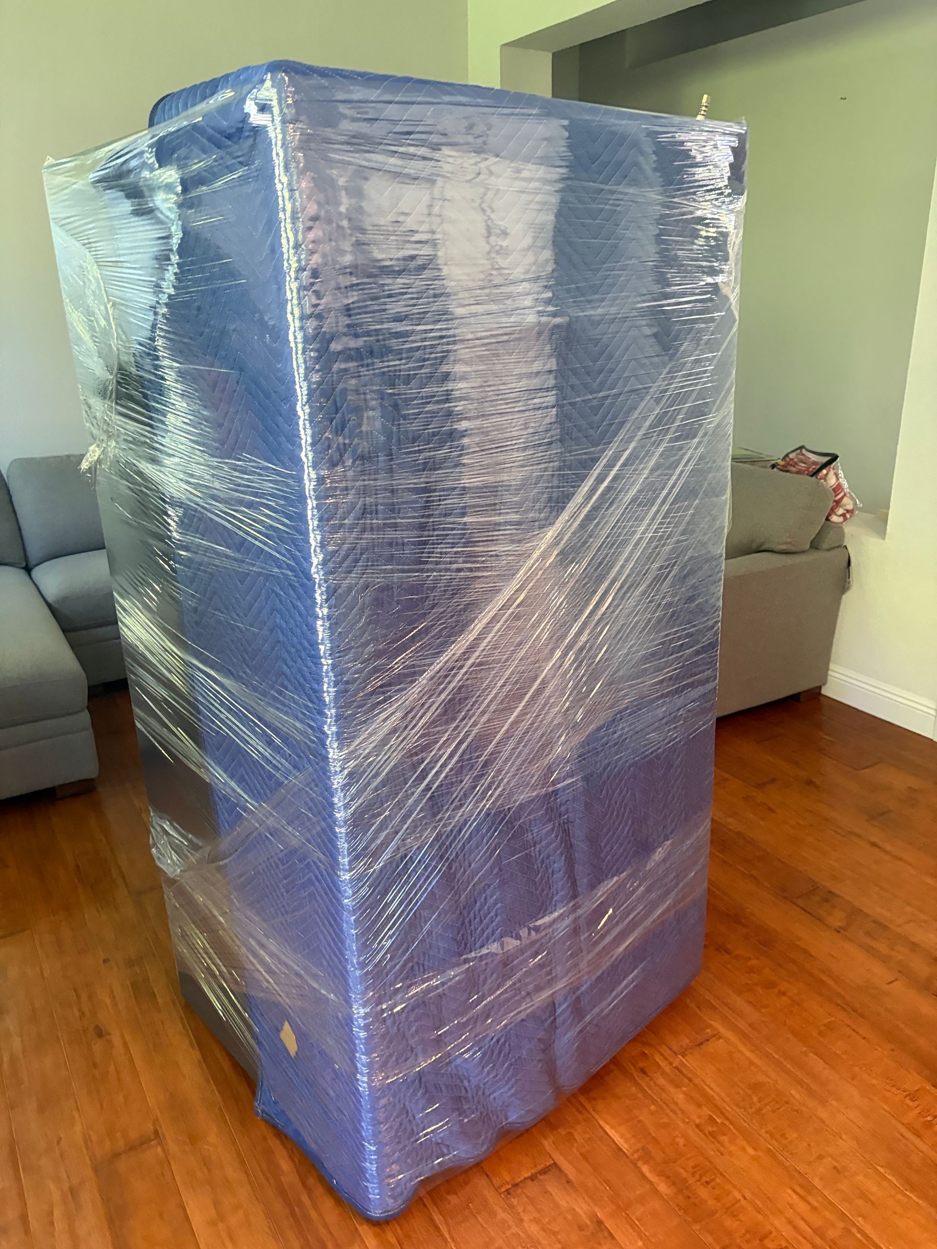 Tall blue object wrapped in plastic wrap, standing in a room with hardwood floors and a gray couch