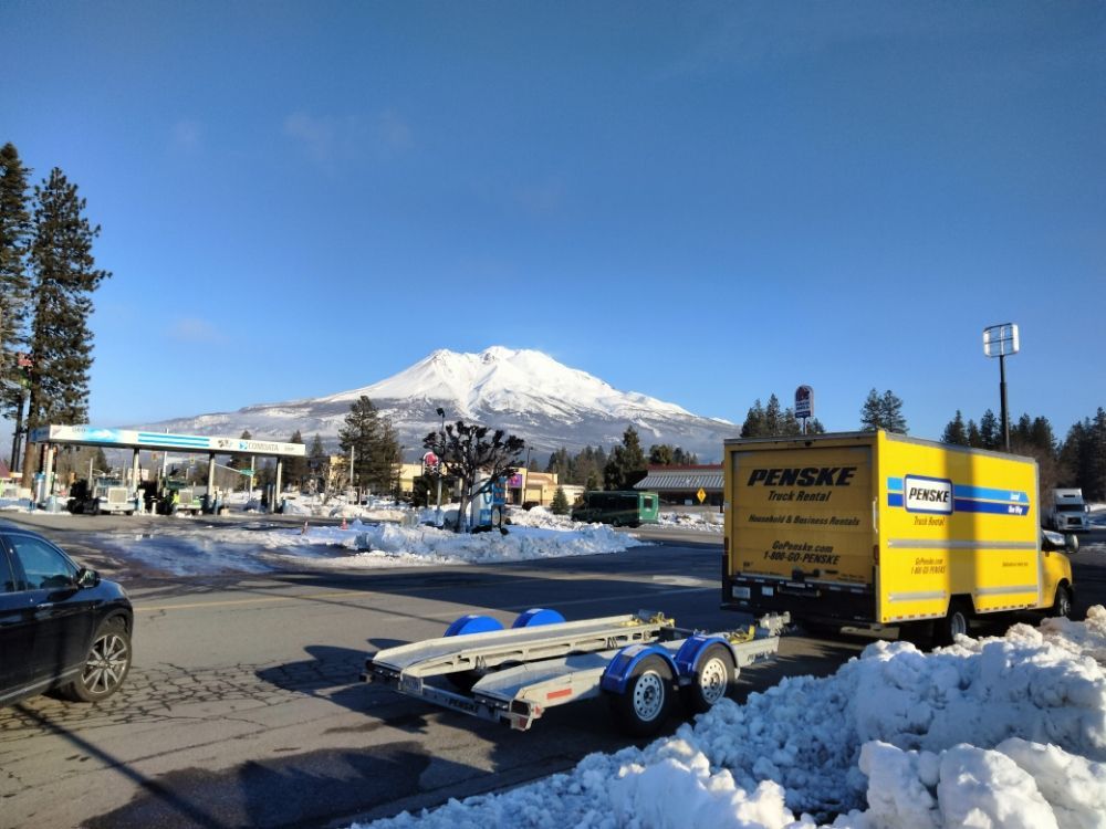 Moving truck convoy parked along a sunny street, with white and yellow trucks lined up under trees.