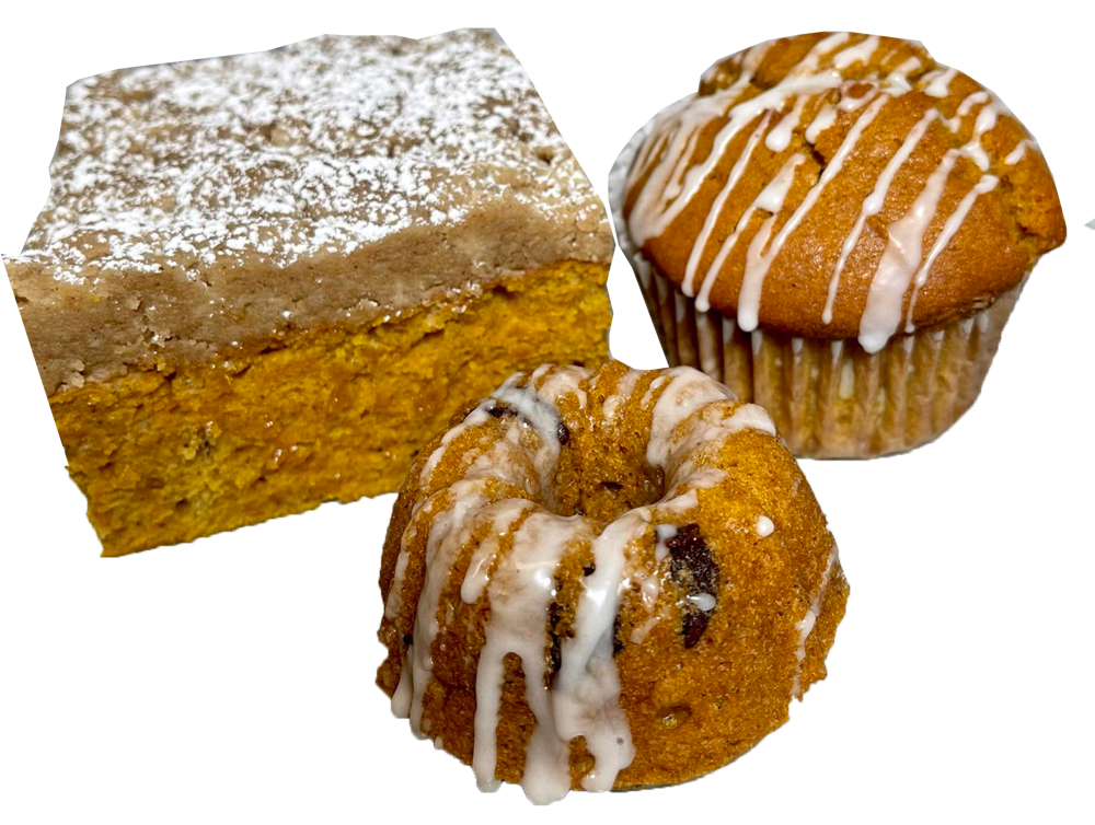 Pumpkin baked goods: Coffee cake, muffin with icing, and mini bundt cake.