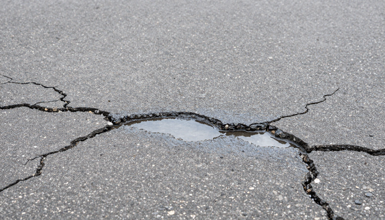 Alligator cracking and pooling water on a worn asphalt driveway that needs resurfacing