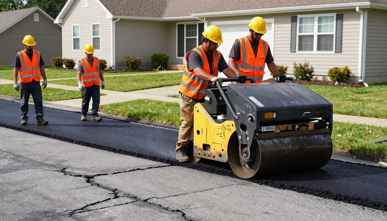 Crew resurfacing a residential asphalt driveway with a fresh layer of hot asphalt
