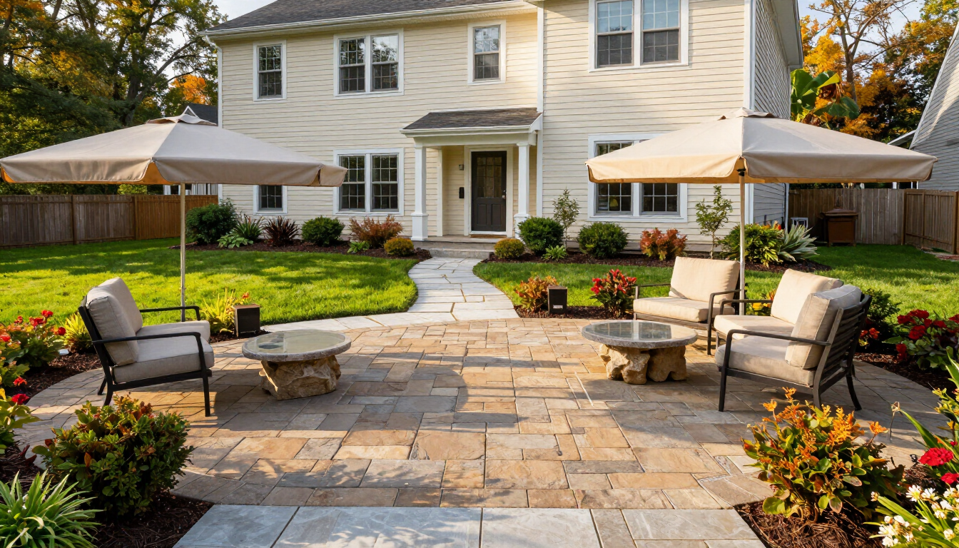 Completed paving and masonry backyard upgrade on Long Island