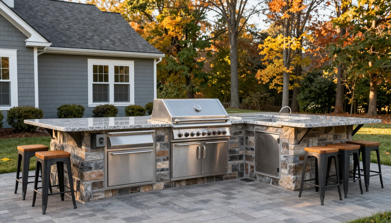 Stone veneer outdoor kitchen with built-in grill and granite counter at a Farmingville home