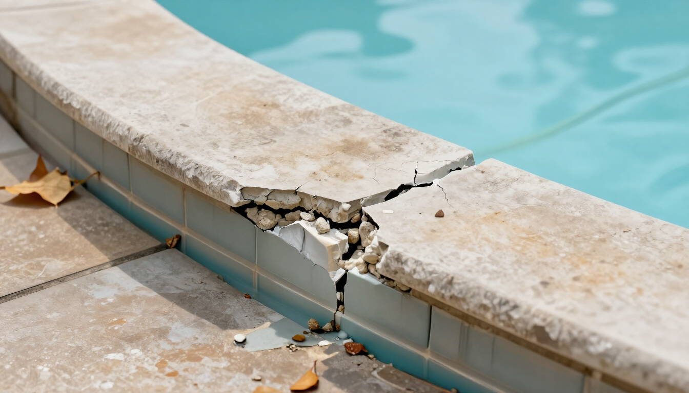 Cracked pool coping with failed mortar and an uneven unit along the pool edge