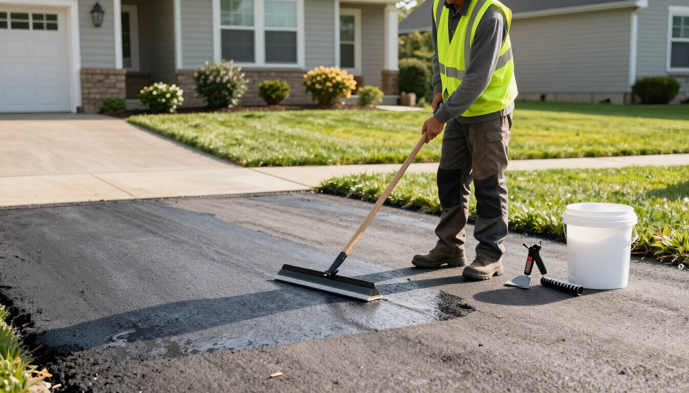 Contractor applying driveway sealcoating to a residential asphalt driveway in Suffolk County