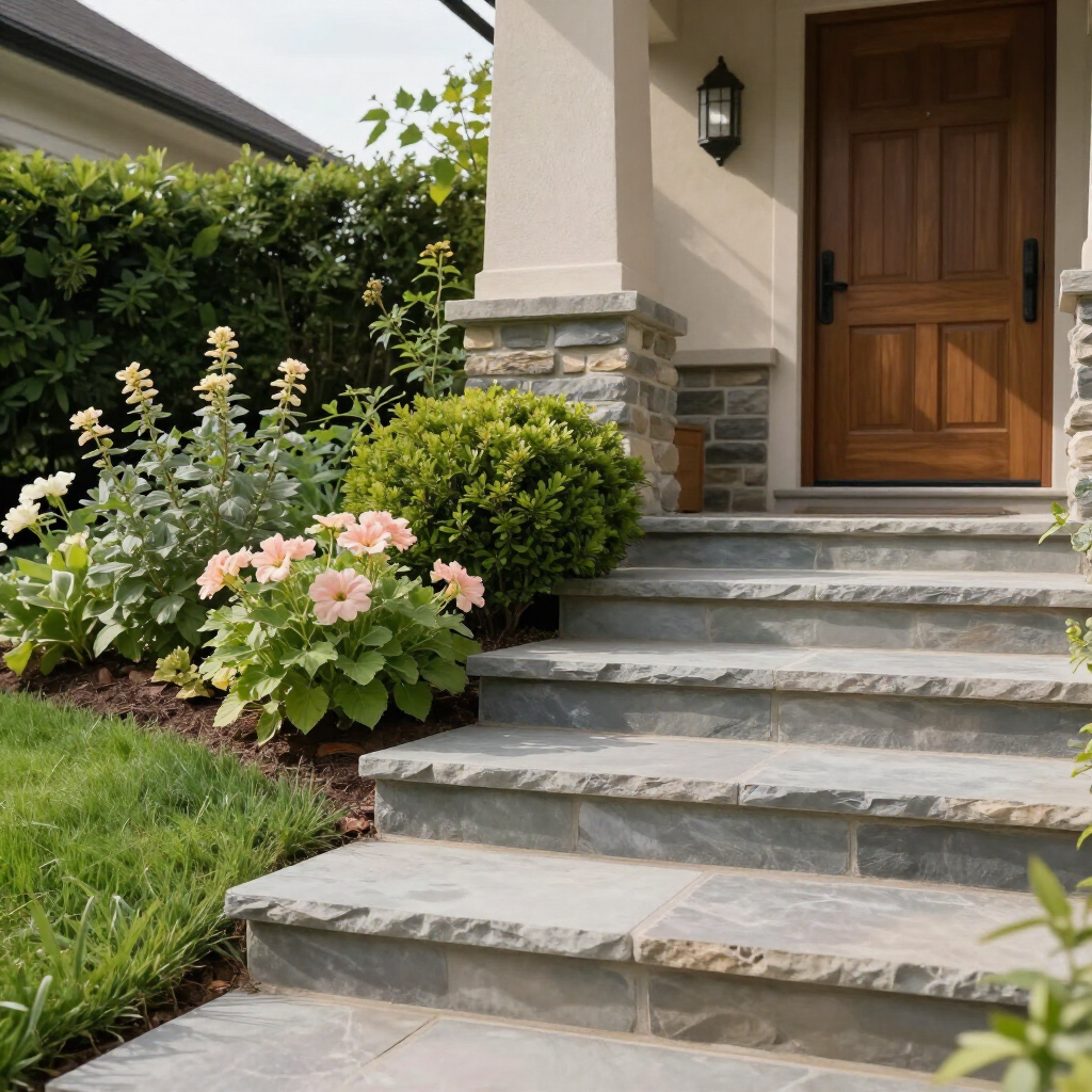 a step with garden on the side