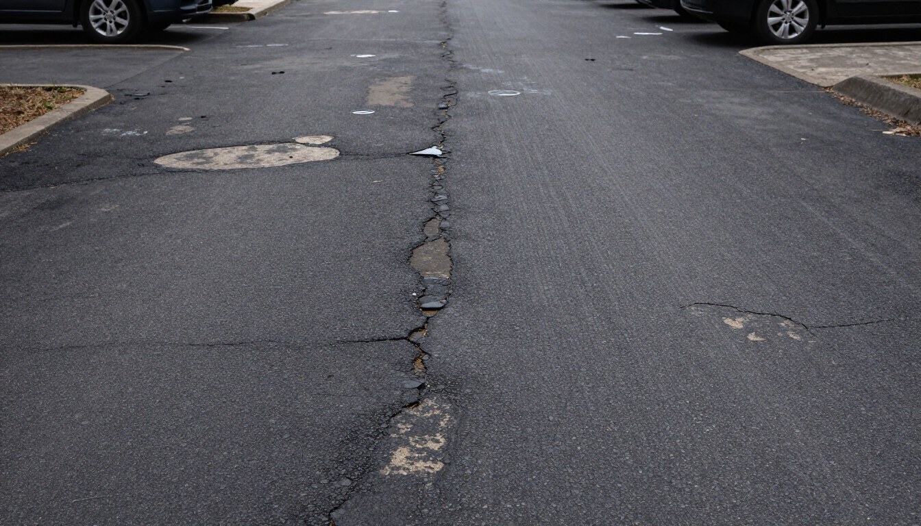 Poor and old asphalt driveway worn from parked cars and poor drainage