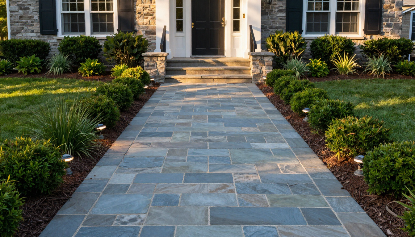 New bluestone walkway and matching front stoop at a Holtsville NY home