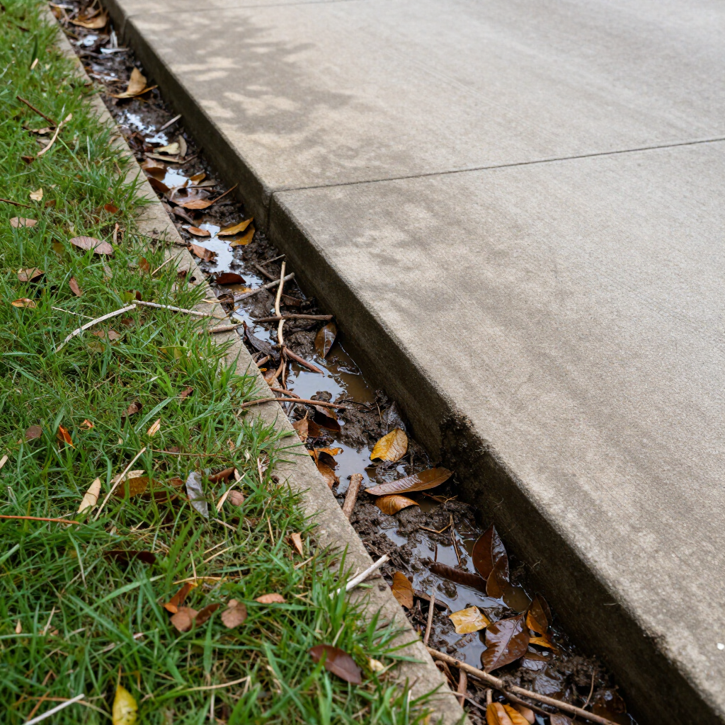 Clogged drainage along the edge of the driveway