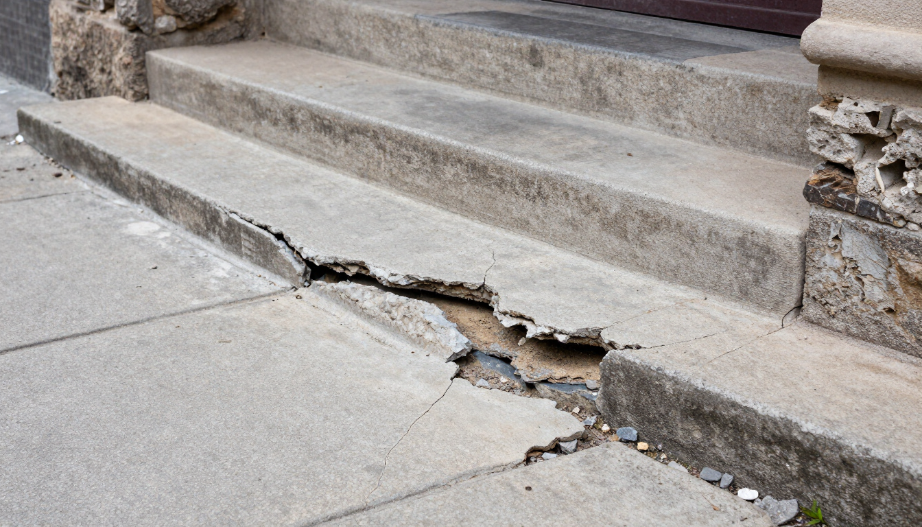 Cracked walkway and settled front stoop separating from the house foundation