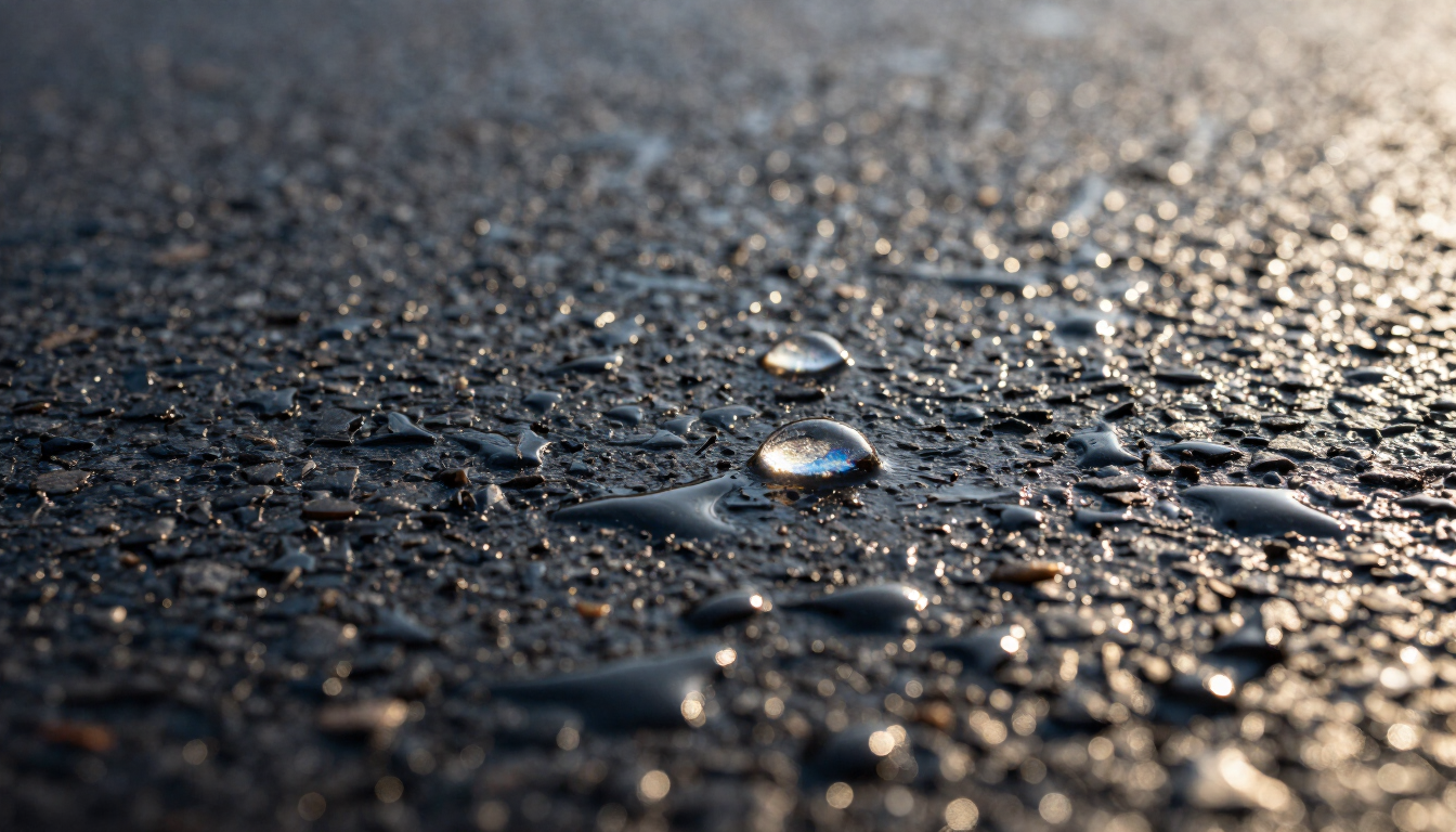 Water beading on a sealed asphalt driveway surface after application