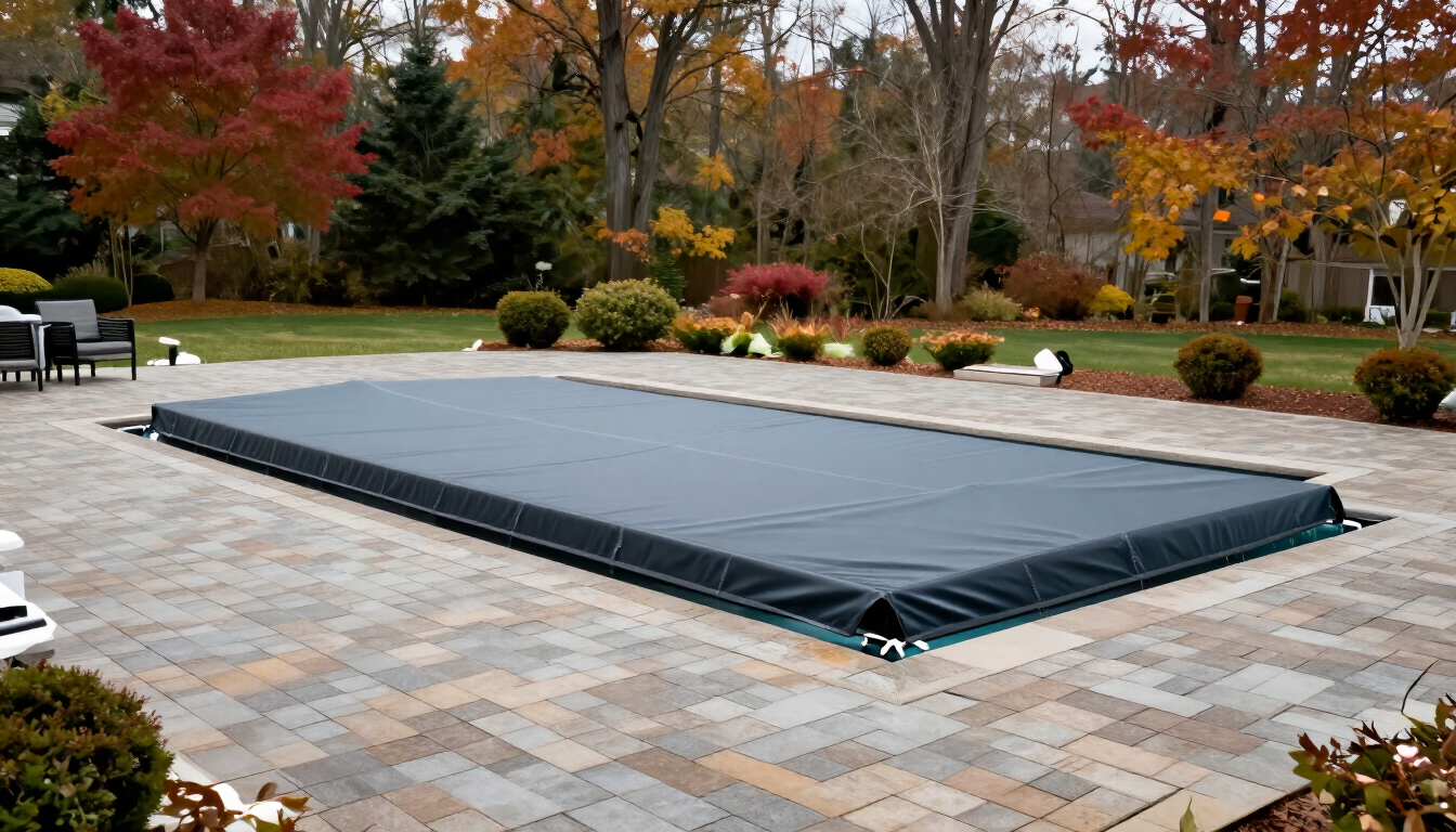 Covered in-ground pool with paver deck and stone coping at the end of the season