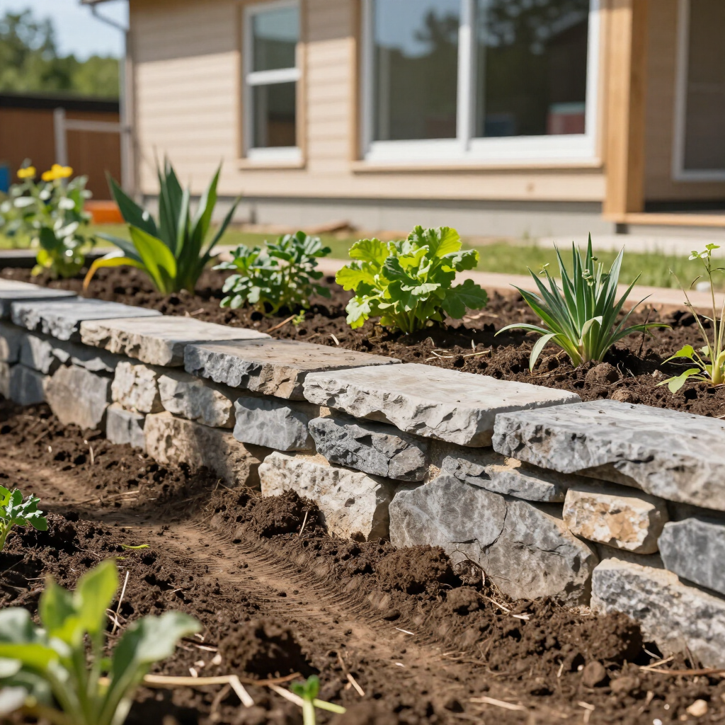 Zoomed in image of stone borders in the works