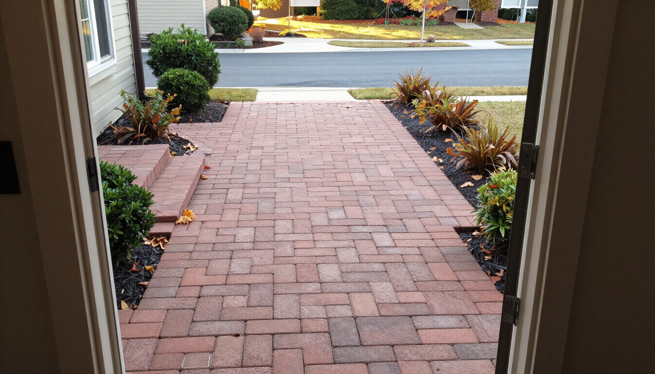 Paver patio connecting to matching steps and walkway at a suburban home