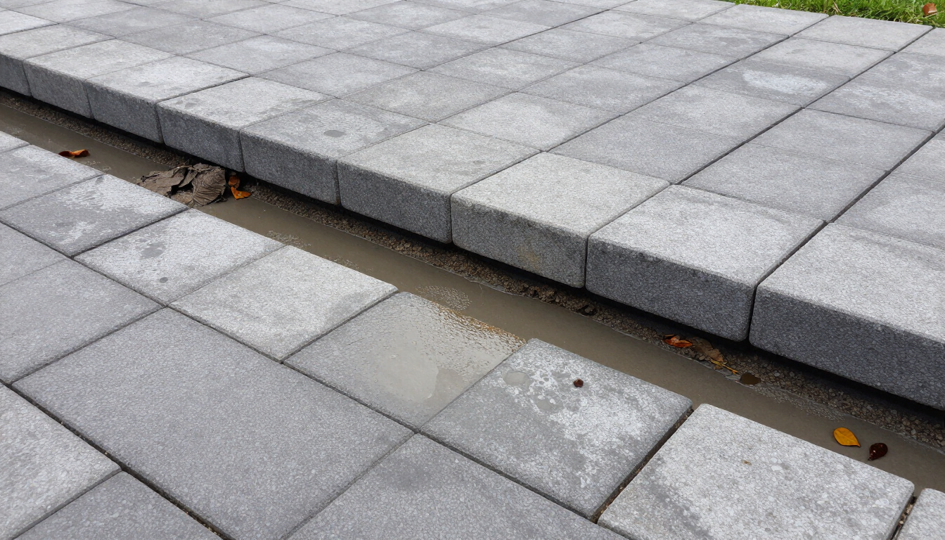Settled pool deck pavers forming an uneven lip and holding standing water 