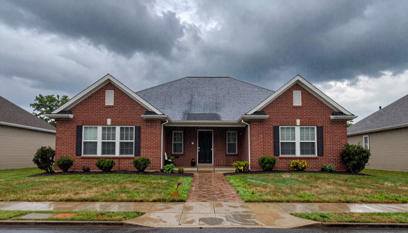 Summer storm clouds over a Long Island home with brick masonry and a paver walkway