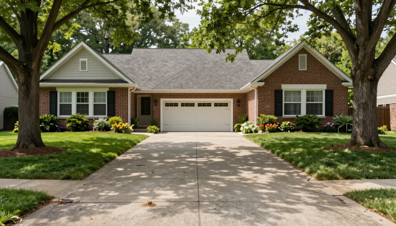 Typical concrete driveway lined with trees on the side