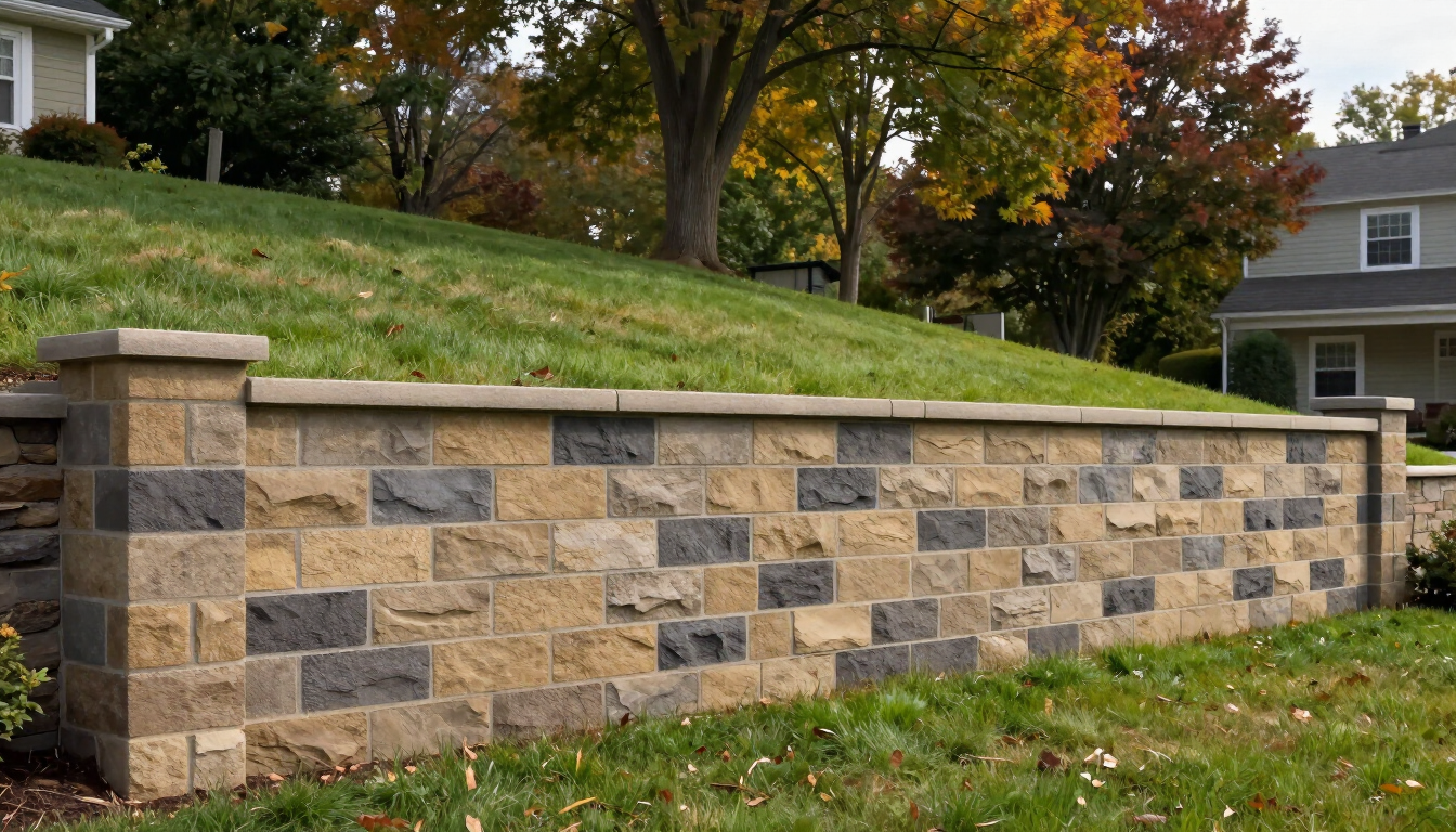 Properly built segmental retaining wall supporting a planted slope at a Suffolk County home 