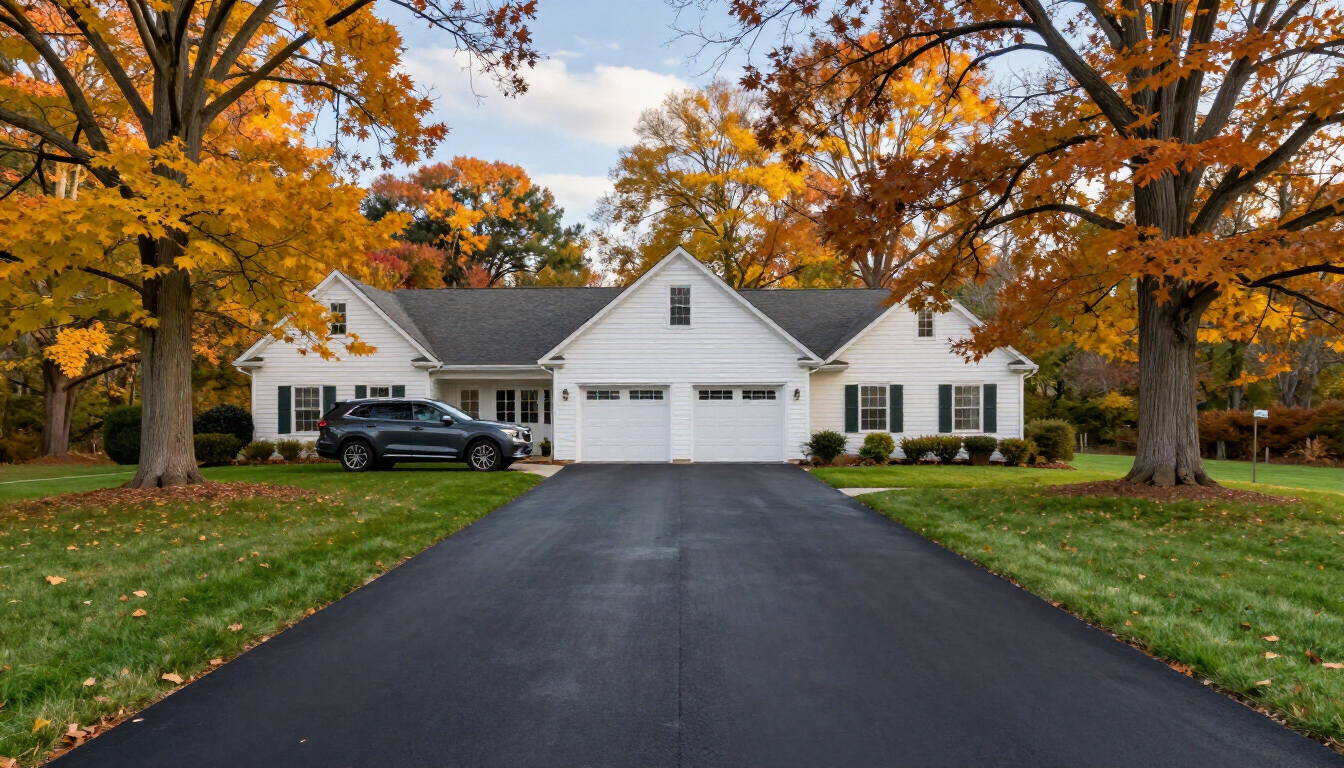 Newly paved asphalt driveway at a Suffolk County home surrounded by early fall foliage