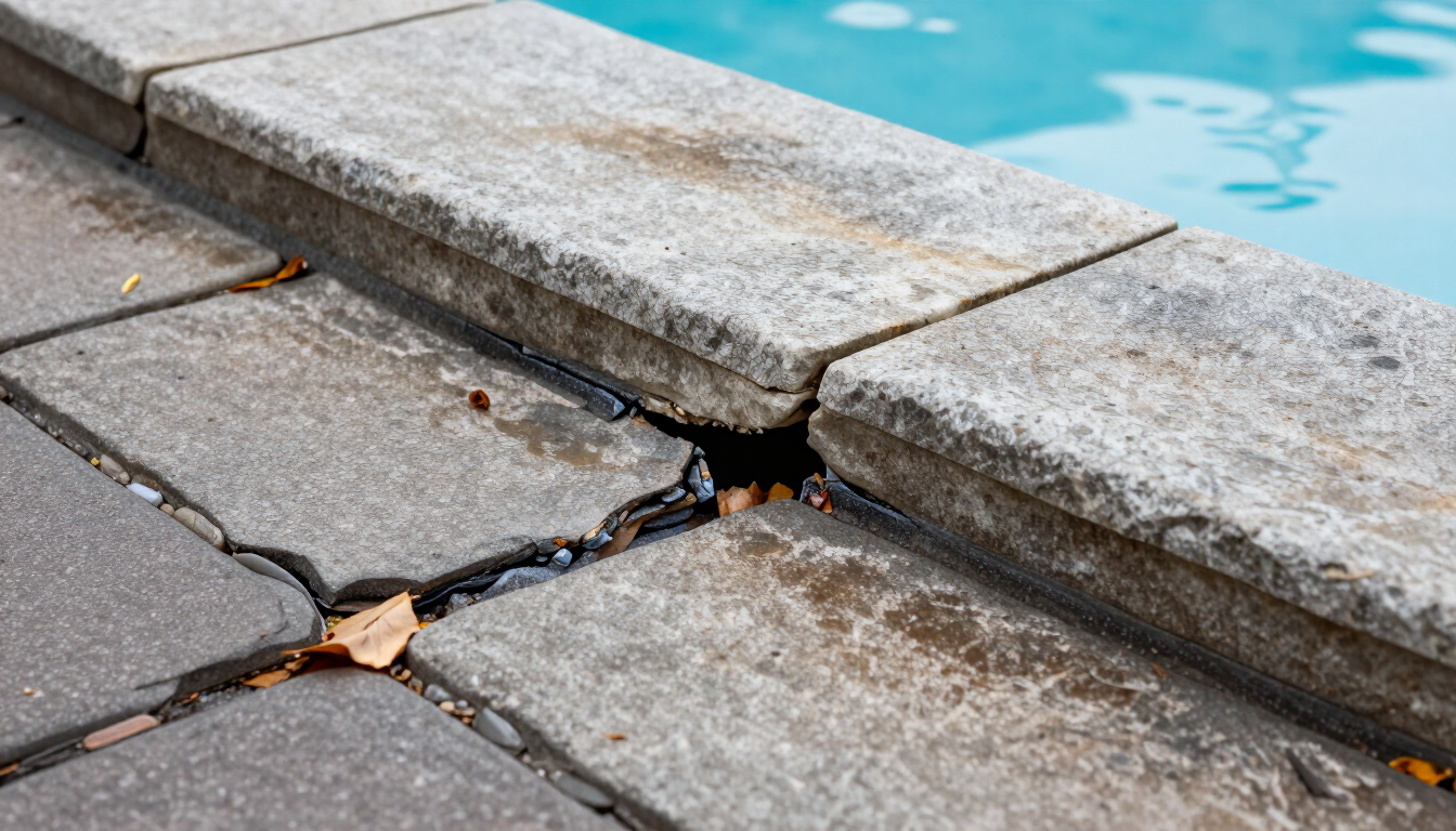 Failed sealant in the expansion joint between pool coping and deck surface
