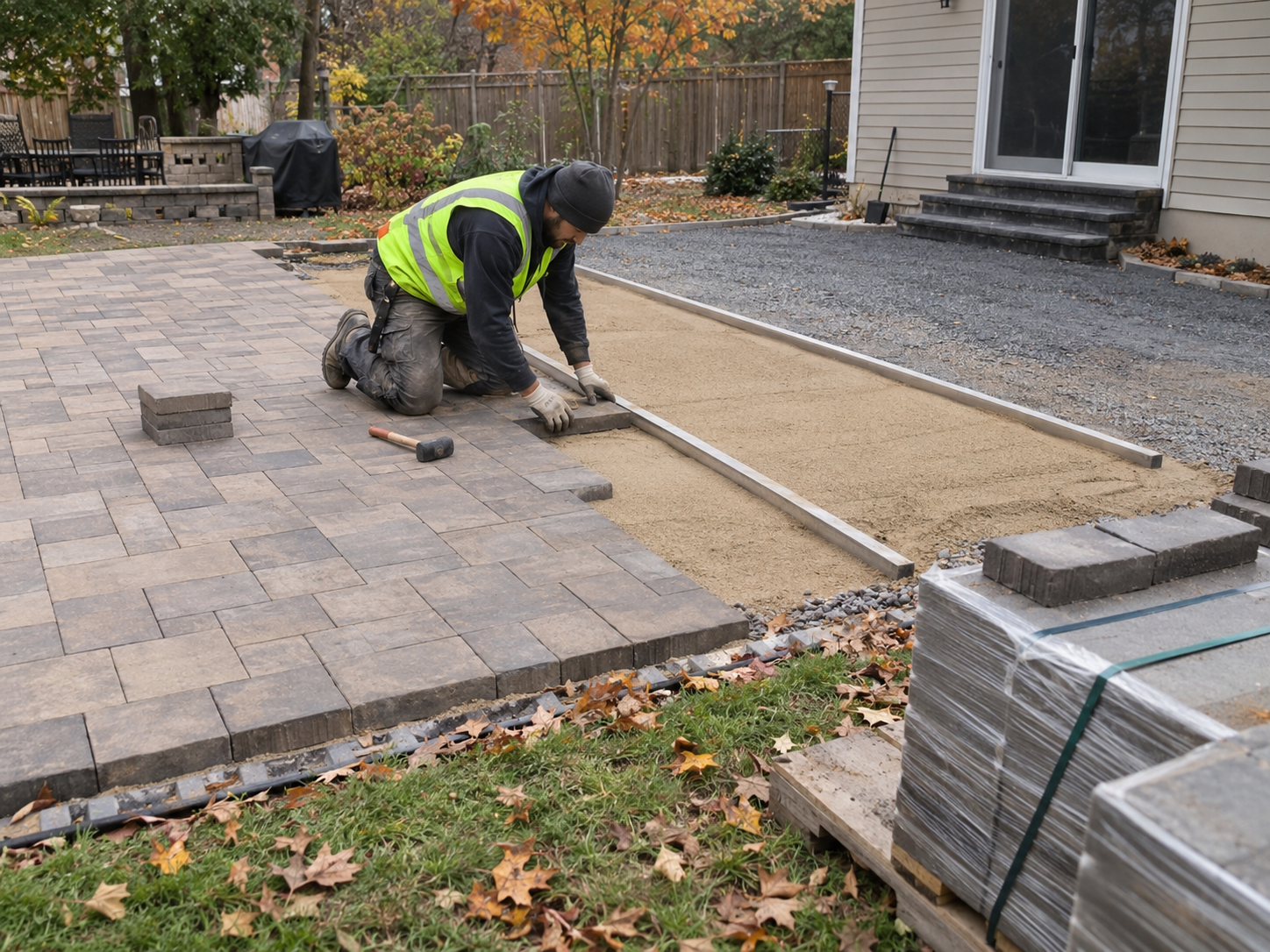 Paver patio installation in progress showing bedding sand and partially laid pavers