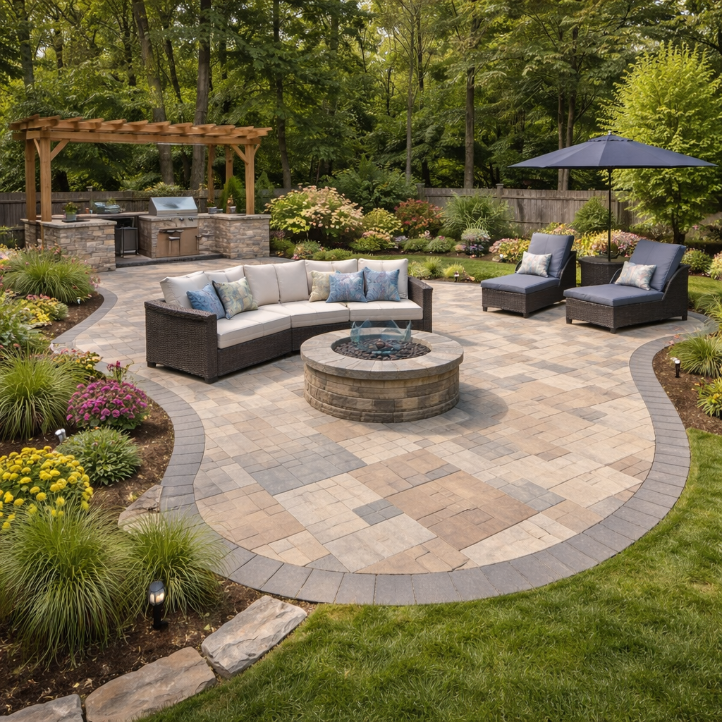 Patio design inspiration with outdoor seating, a firepit and a garden kitchen