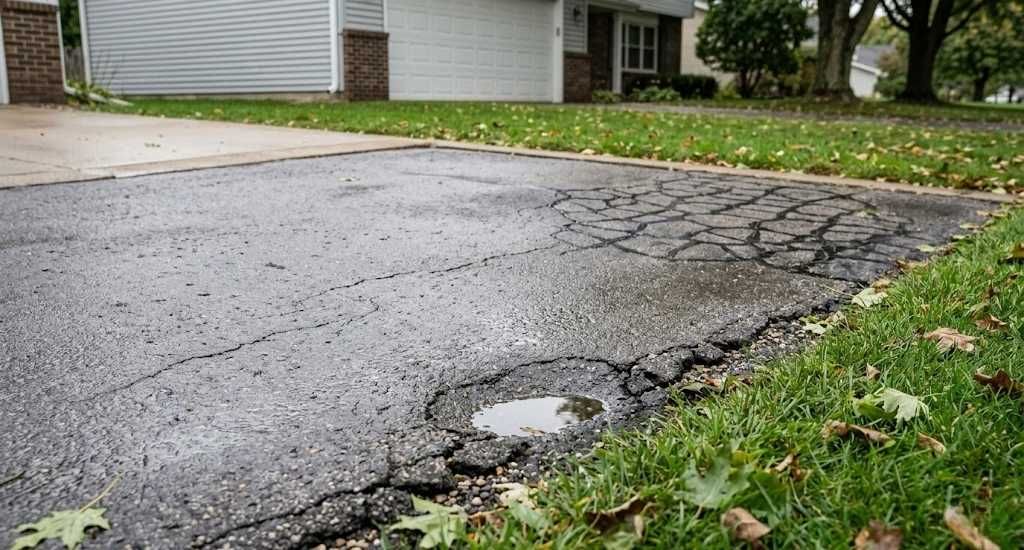 Old and worn asphalt driveway