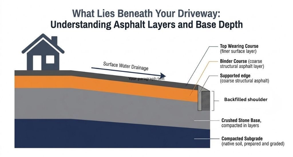 Cross-section diagram showing the subgrade, stone base, binder, and surface layers of an asphalt driveway