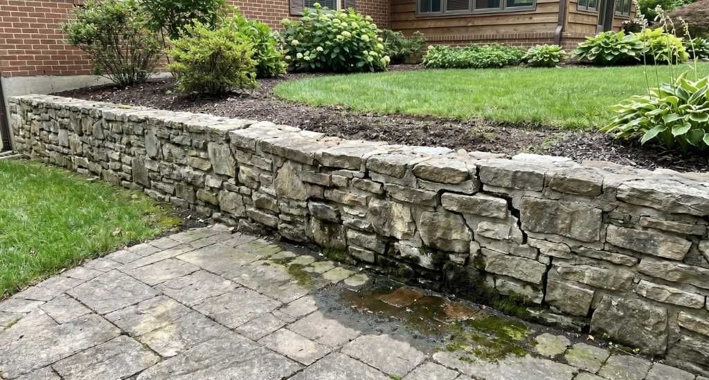 Stone masonry steps, retaining wall, and paved patio beside landscaped garden beds in a residential outdoor space.