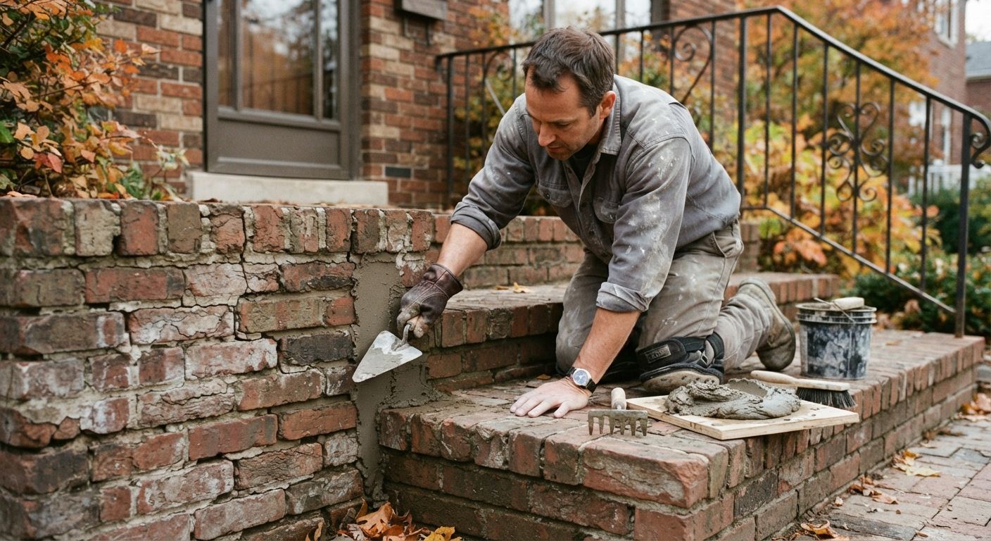 Mason repointing mortar joints on a brick front stoop