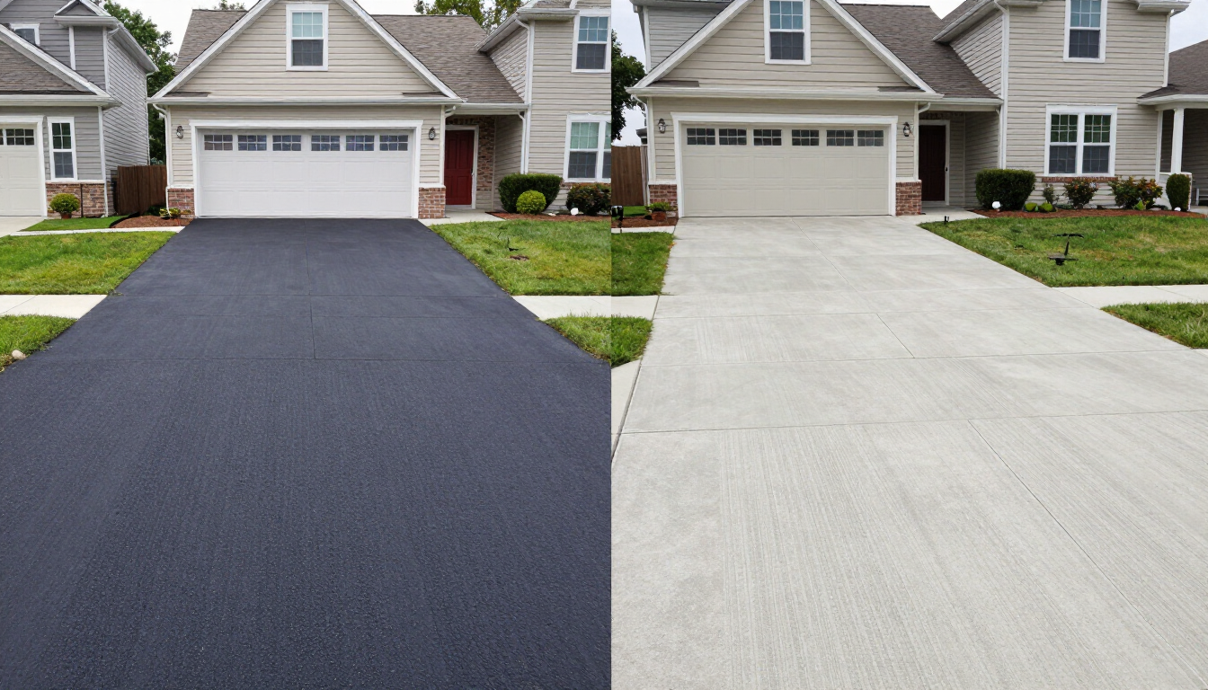 Side by side comparison of an asphalt driveway and a concrete driveway at Farmingville NY homes