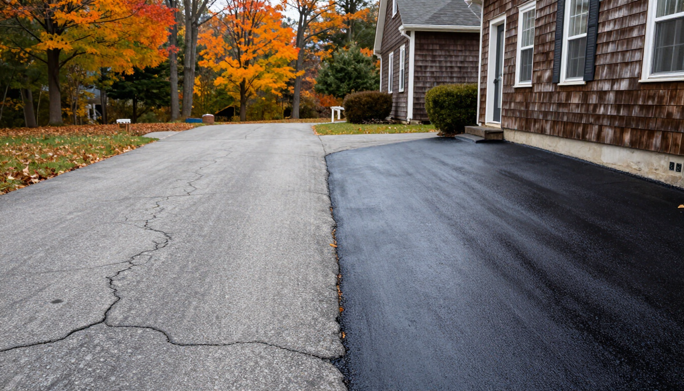 Asphalt driveway showing faded gray pavement beside a freshly sealcoated black surface