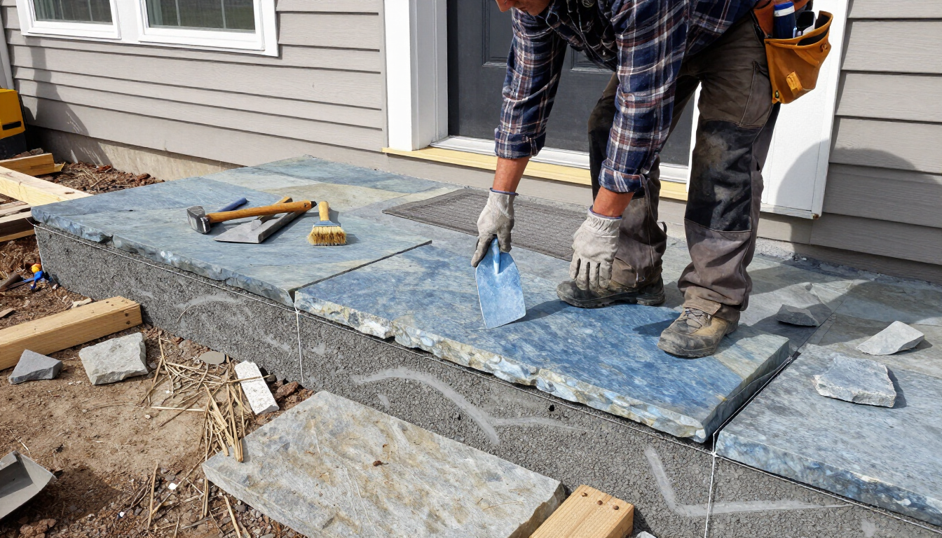 Mason setting a bluestone tread during front step installation