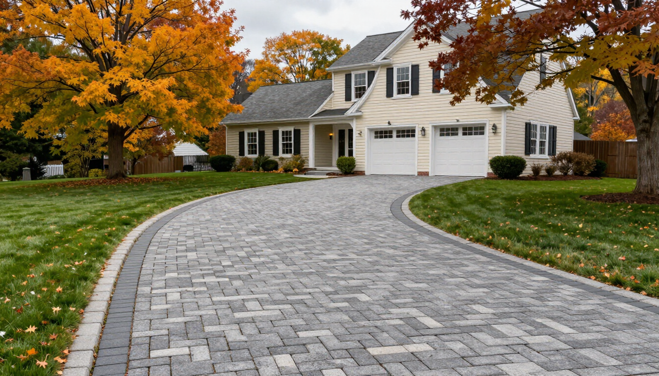 Completed paver driveway with Belgian block border at a Suffolk County home