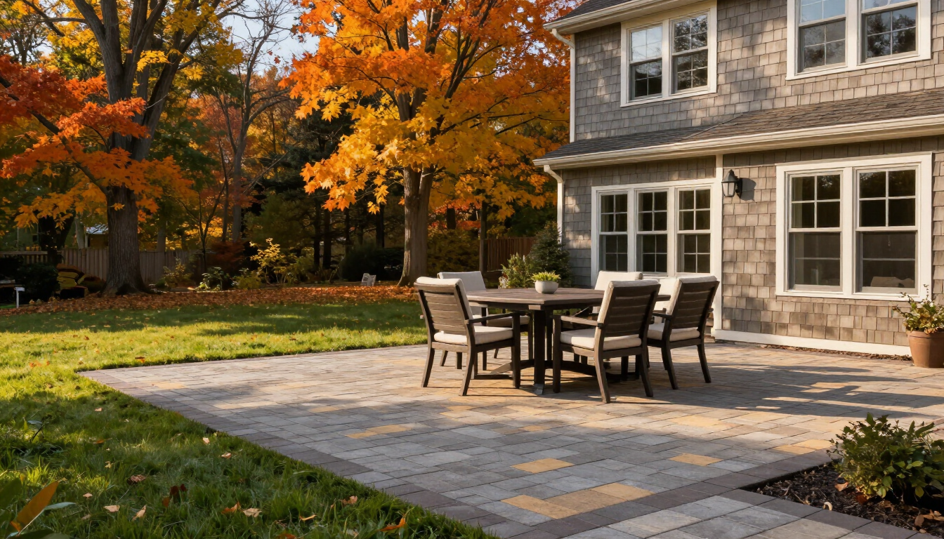 Finished paver patio in a Long Island backyard surrounded by fall foliage