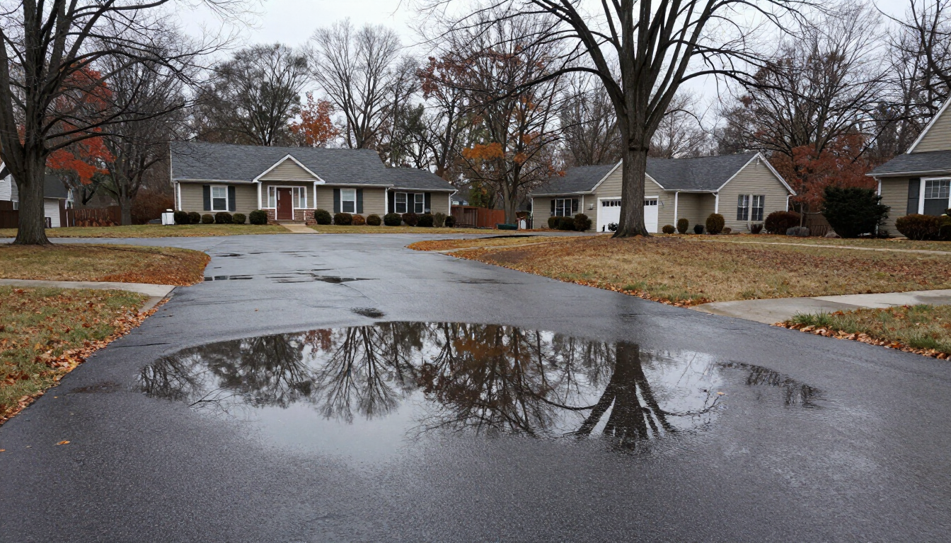 Standing water pooled on a residential driveway after heavy rain