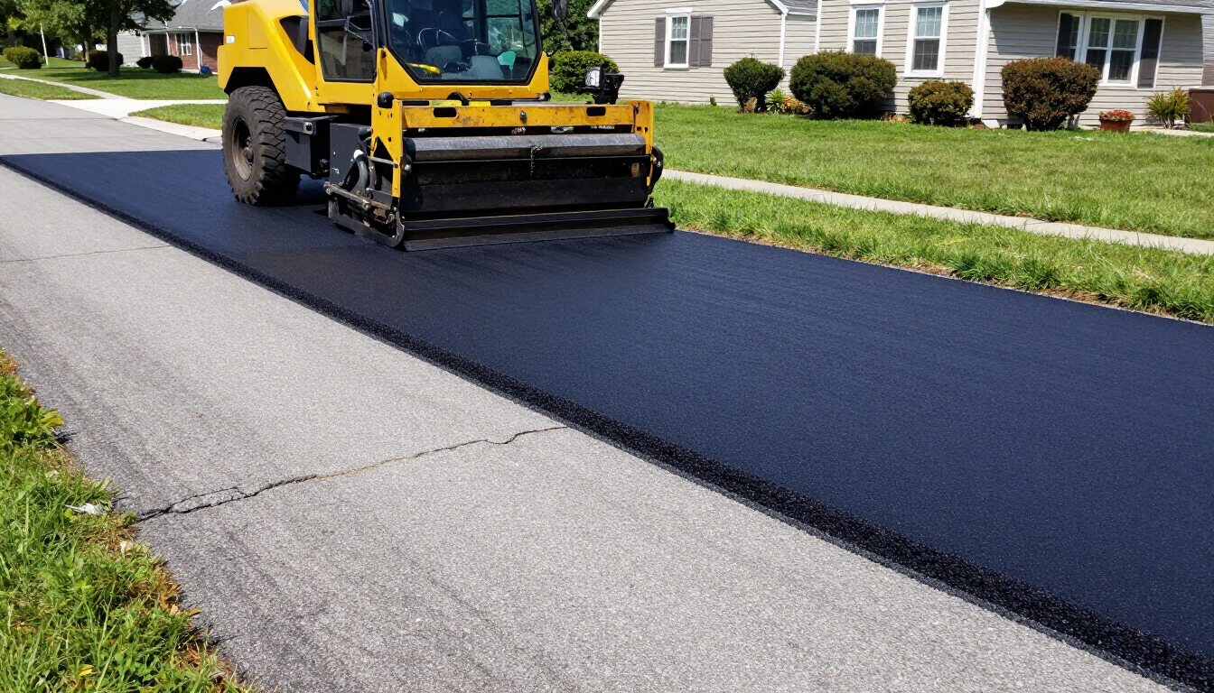 Fresh asphalt layer being laid during driveway resurfacing at a Medford NY home