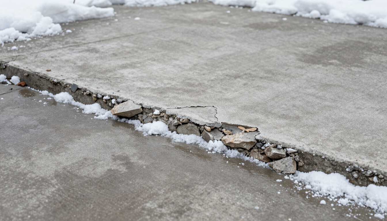 Concrete driveway surface showing salt scaling damage after winter