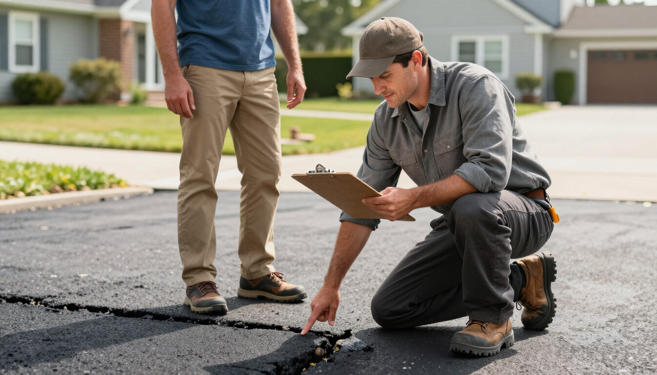 Stonerock Paving contractor inspecting an asphalt driveway with a homeowner in Suffolk County