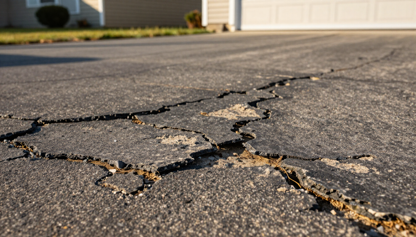 olden, gray UV damaged asphalt driveway