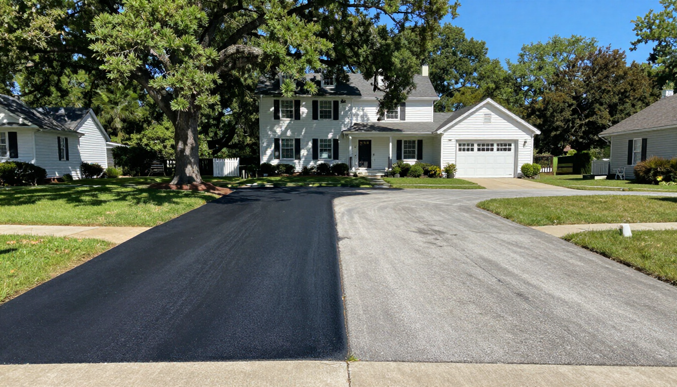 Half-sealcoated asphalt driveway in Farmingville NY showing fresh black finish beside faded gray pav