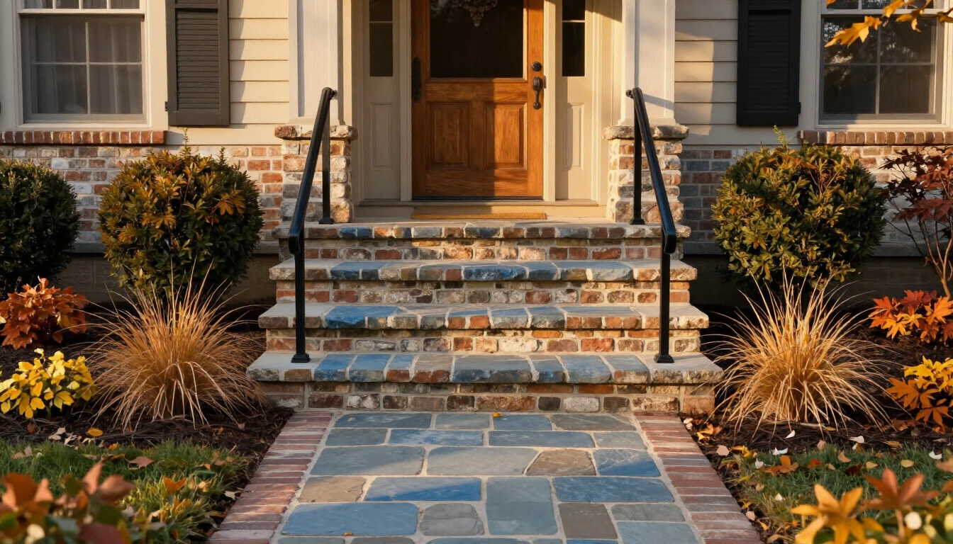 Rebuilt bluestone and brick front stoop with handrail at a Suffolk County home