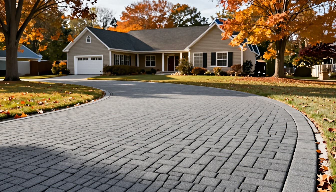 Well-maintained paver driveway with clean joints at a Long Island home in fall