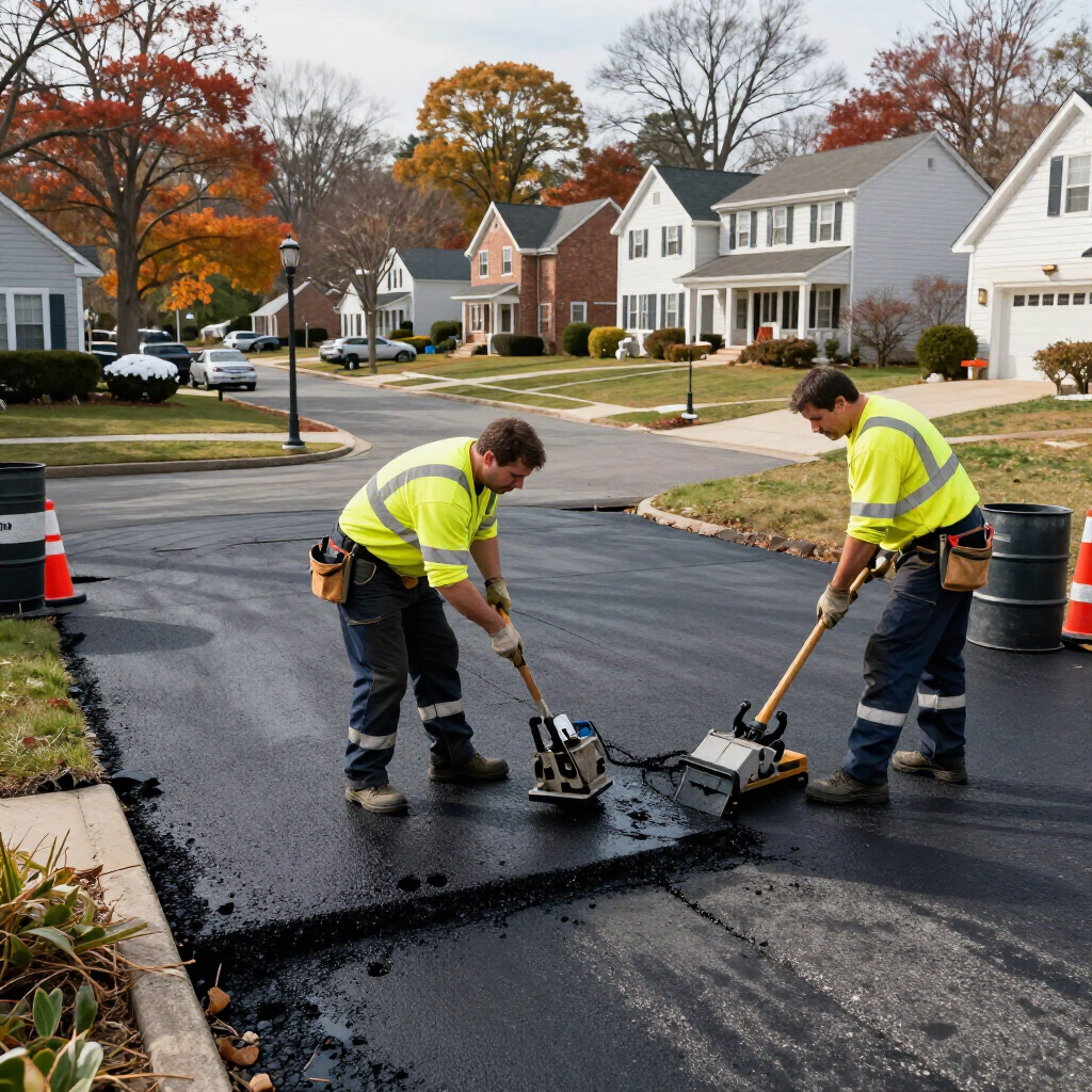 Asphalt driveway installers doing a driveway repair
