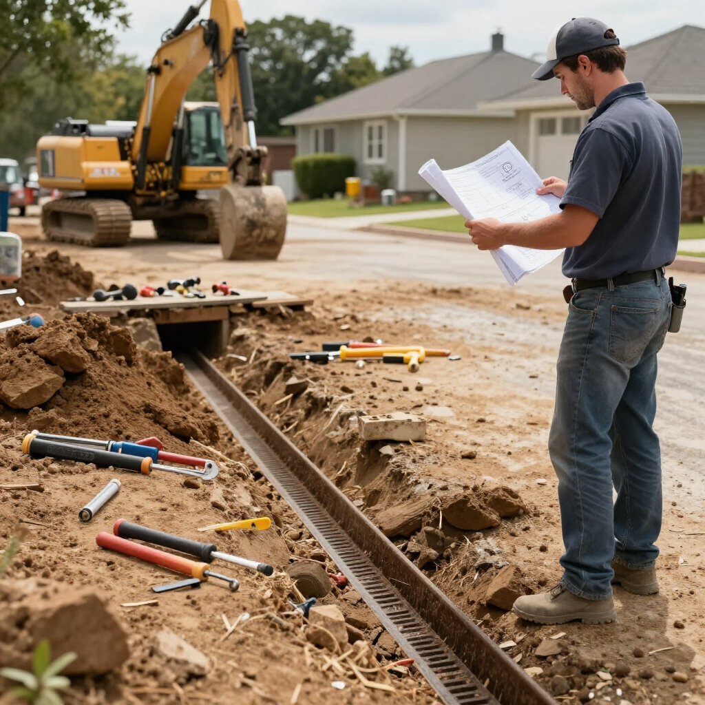 Driveway contractor holding a blueprint while checking the newly dug driveway drainage